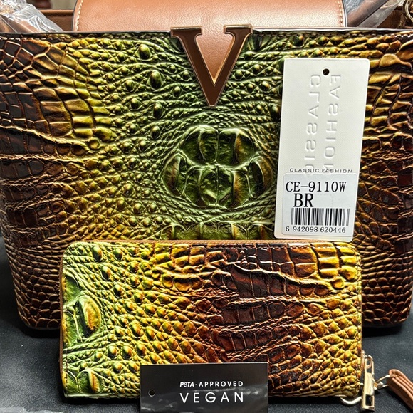 Classic Fashion Collection Handbags - Classic Fashion Vegan Embossed Bag and Wallet Set - Green and Brown